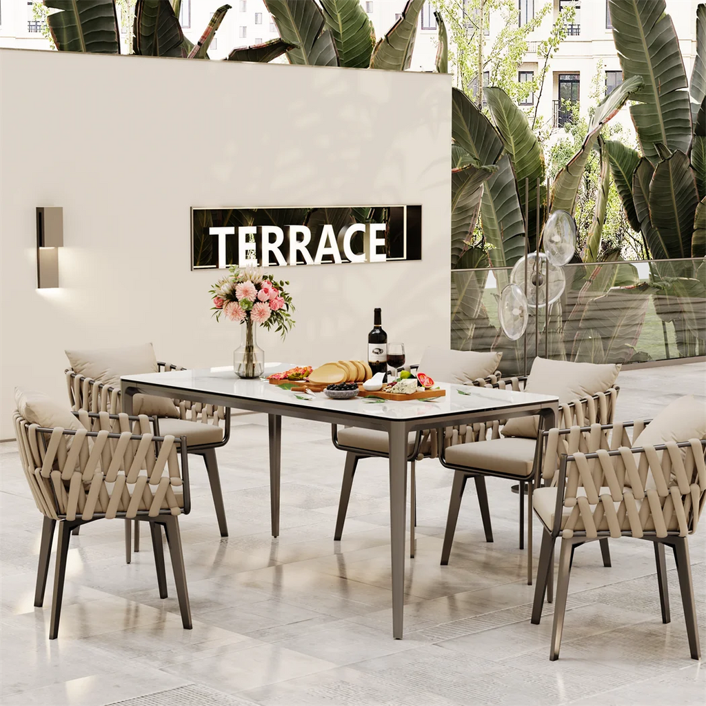 LUVODI 1.6m Luxury Dining Table Rectangle Kitchen Room Table with Marble Cover Tempered Glass Top Non-rusting Aluminum Legs