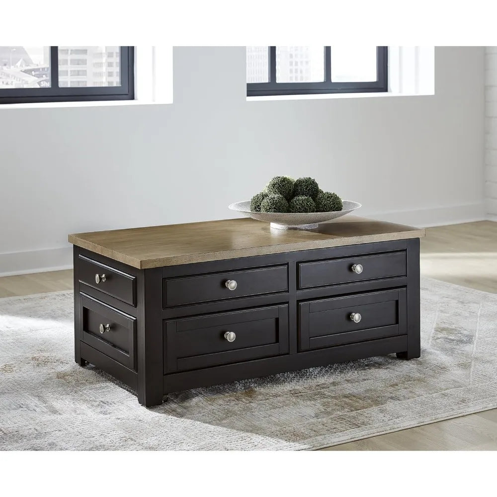 Casual Lift-Top Coffee Table with 4 Drawers and Casters, Dark & Light Brown Wood Finish