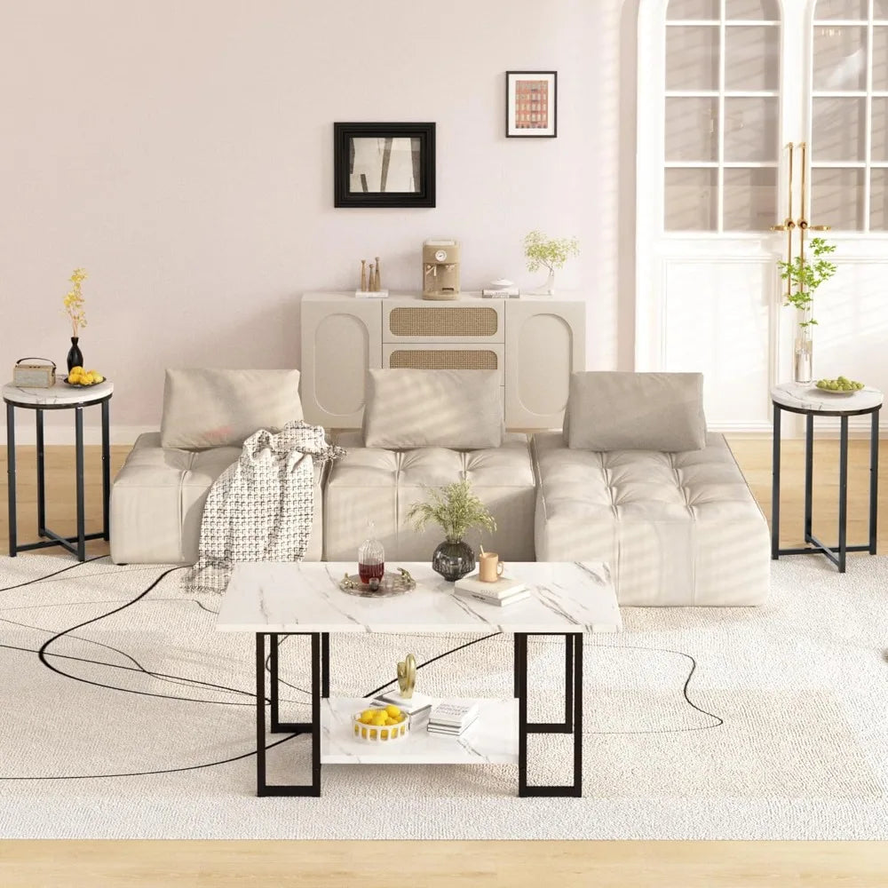 3 Pieces Living Room Table Set, Faux Marble Coffee Table with 2 Round End Side Tables, Coffee Table Set with Metal Frame