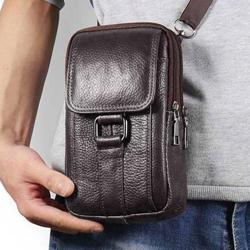 Portable Men Messenger Bags Cowhide Leather Belt Waist Pack Fashion Simple Multi-pockets Casual for Outdoor Sport