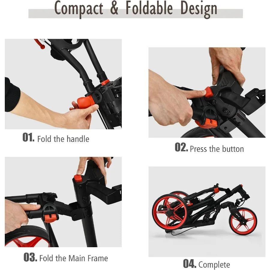 Golf Push Cart with 360 Rotating Front Wheel Aluminum Collapsible 3 Wheels Golf Pull Cart Golf Trolley w/Elastic Strap Scoreboa