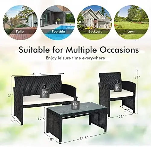 4-Piece Rattan Patio Furniture Set, Outdoor Wicker Sofa with Cushions & Glass Table