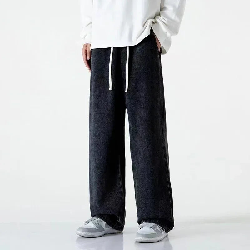 2024 New Streetwear Loose Jeans Men Korean Style Fashion Loose Straight Wide Leg Pants Men's Brand Clothing Black Light Blue
