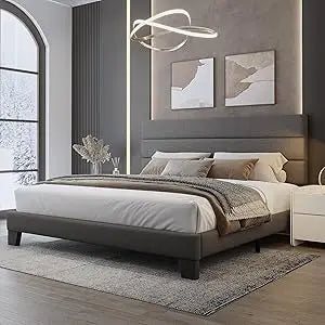 WEEWAY King Bed Frame Platform Bed with Velvet Upholstered Headboard and Wooden Slats Support, Heavy Duty Mattress Foundation, N