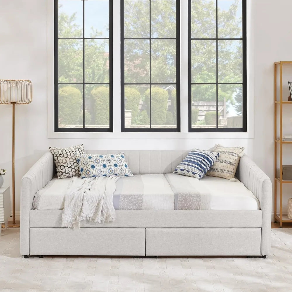 SLEERWAY Daybed with Two Drawers, Modern Linen Queen Size Day Bed Frame with Storage, Upholstered Sofa Bed with Stripes, Furnitu