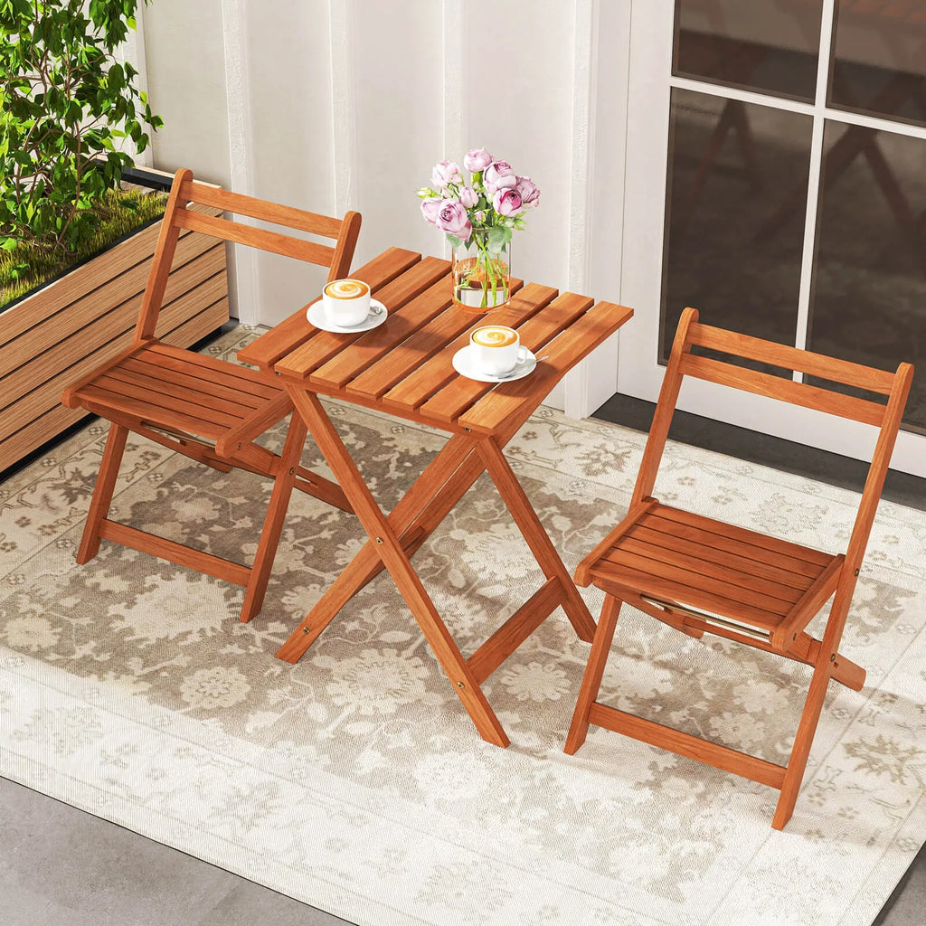 3 PCS Outdoor Wood Bistro Set w/ 2 Folding Chairs & Dining Table for Backyard