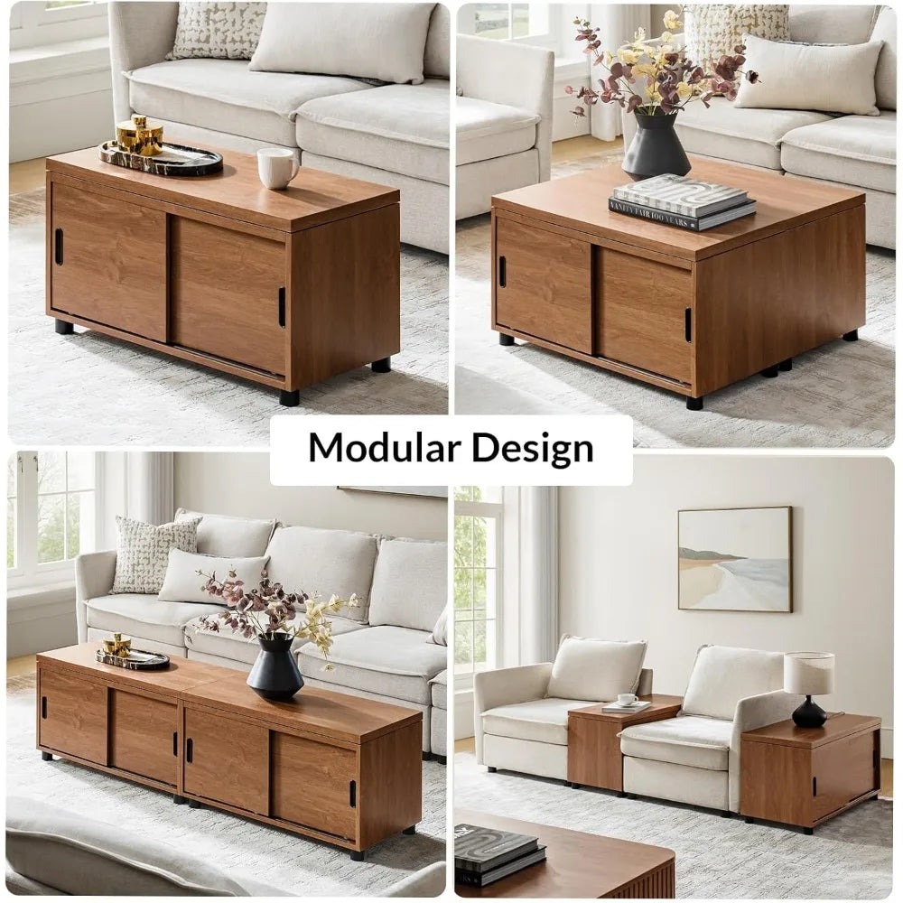 Home Sofa Side Table with Modular Design, Rectangle Wood End Table with Adjustable Shelves, Modern Coffee Table with Storage