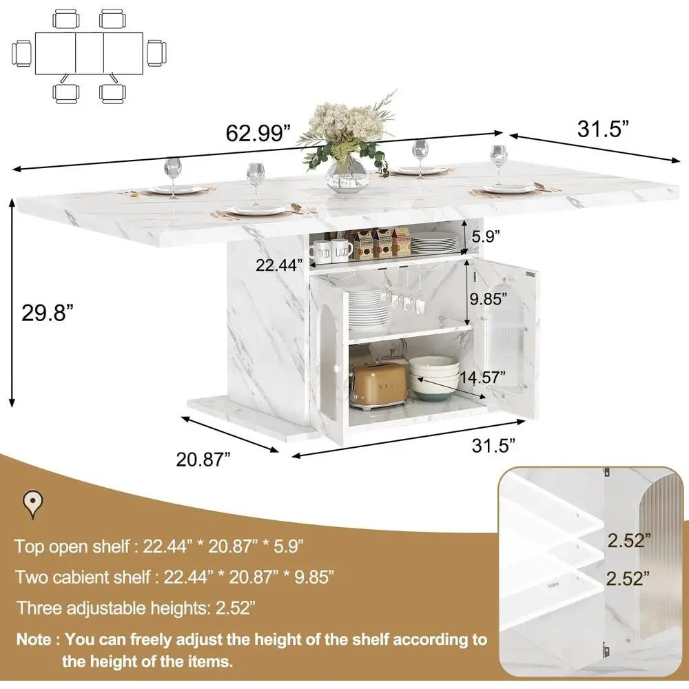 Modern 63 Dining Table for 4-6 with Storage Shelves & Acrylic Door Cabinet, White Marble-Look Rectangular Table for Home