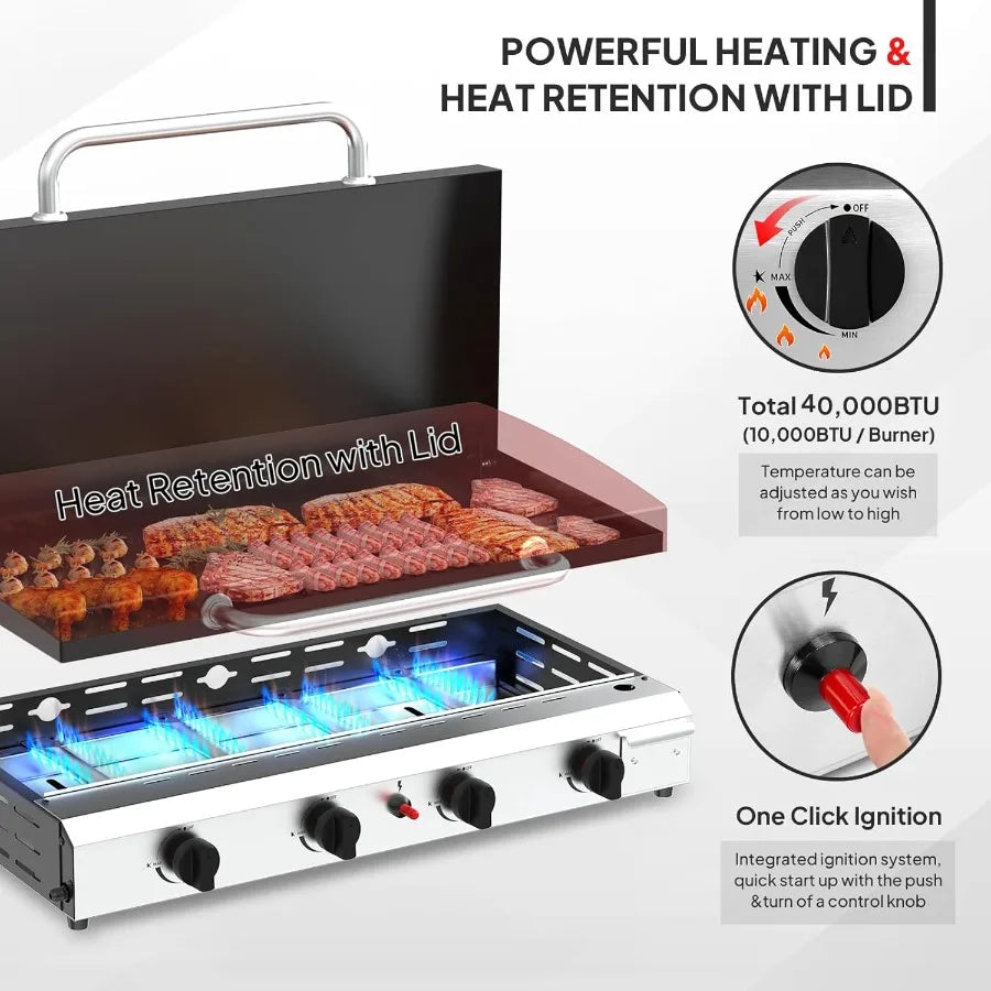 4 Burner Portable Propane Griddle with Lid 40000BTU Tabletop Flat Gas Grill with Ignition and Oil Collector for Outdoor Cooking