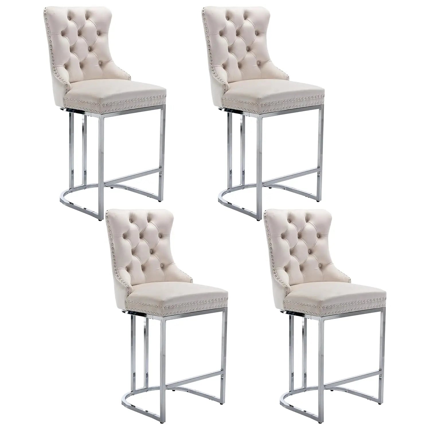 26” Velvet Upholstered Bar Stools Set of 4, Counter Height Bar Chairs with Button Back, Nailhead Rivet Trim, Chrome, Customized