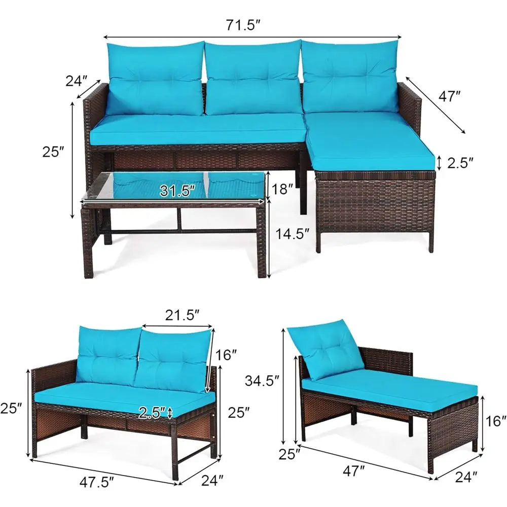 Turquoise 3-Piece Outdoor Wicker Sectional Set with Sofa, Loveseat, Lounger, and Glass Coffee Table for Patio, Deck, or Garden