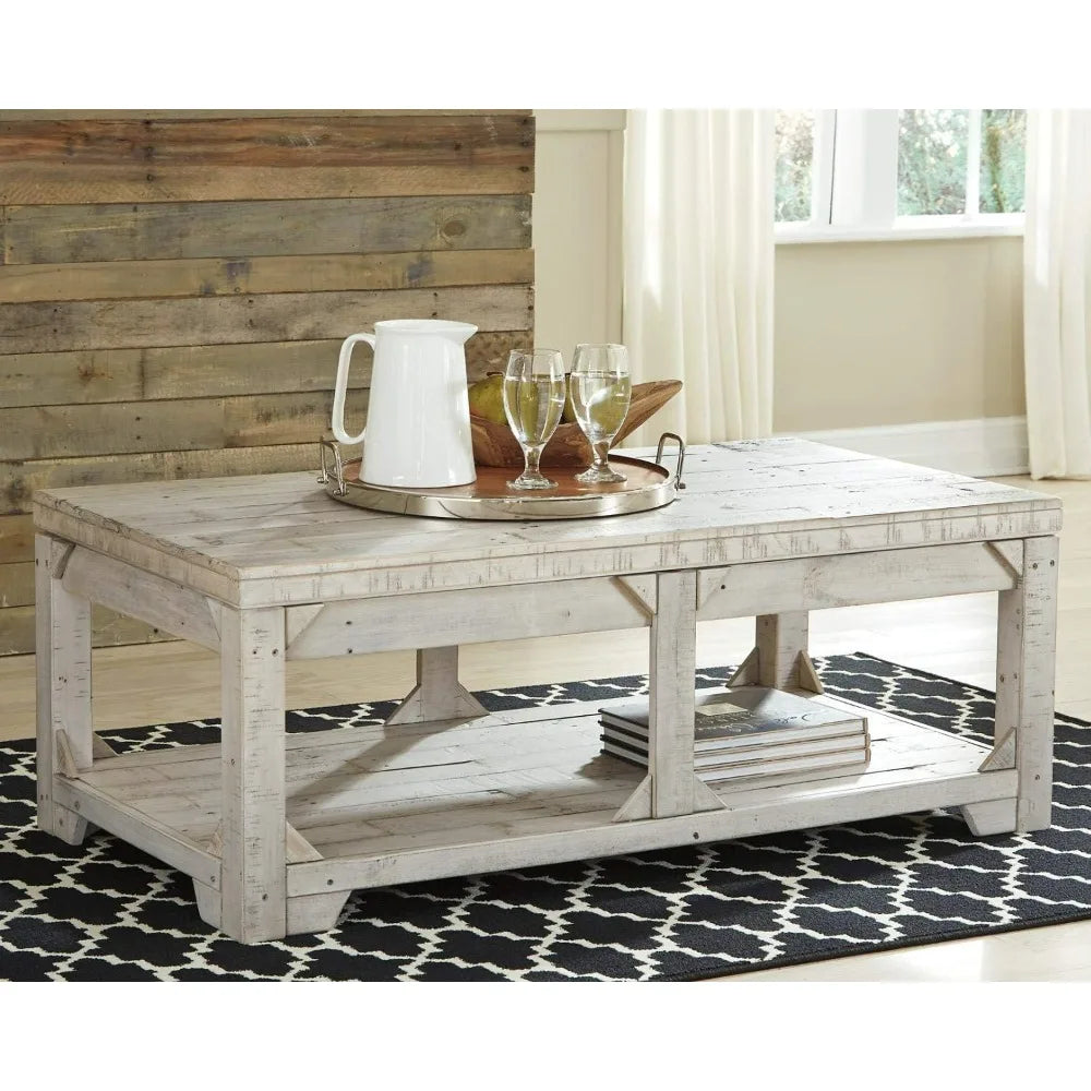 Farmhouse Style Rectangular Coffee Table with Lift Top and Floor Shelf, Whitewash Weathered Finish