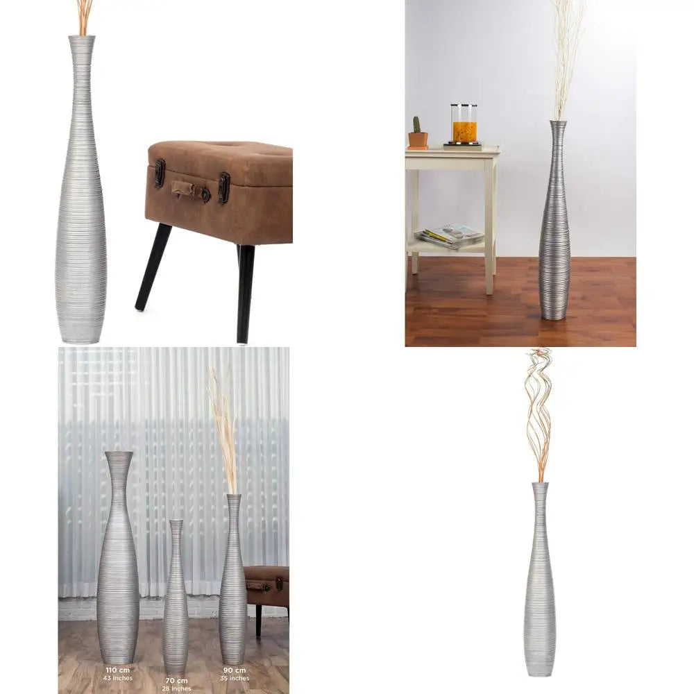 Large Silver Floor Vase Wooden 26 Tall for Home Decor, Ideal for Fake Plants and Pampas Grass, Farmhouse Style Flower Holder