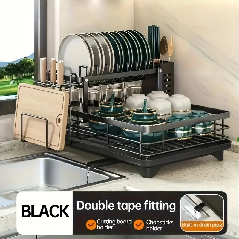 Double-tier extendable dish drainer, suitable for kitchen worktops as a large-capacity utensil rack and draining board.