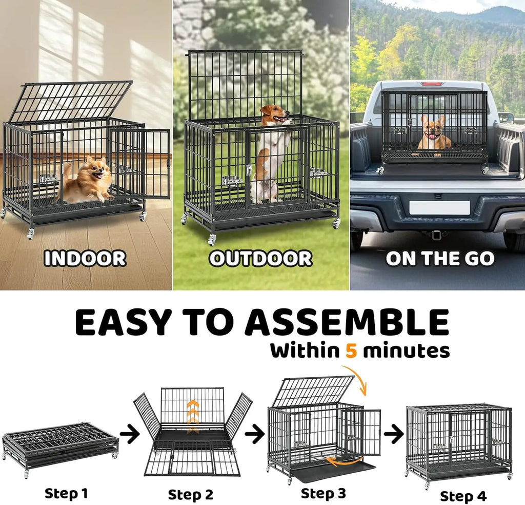 37 Inch Heavy Duty Stackable Dog Crate with Wheels, Escape-Proof Lock, Removable Tray for Medium/Small Dogs