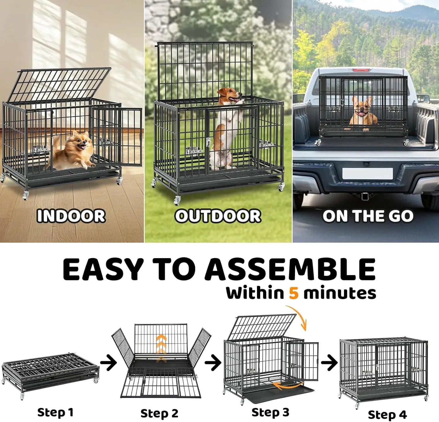 37 Inch Heavy Duty Stackable Dog Crate with Wheels, Escape-Proof Lock, Removable Tray for Medium/Small Dogs