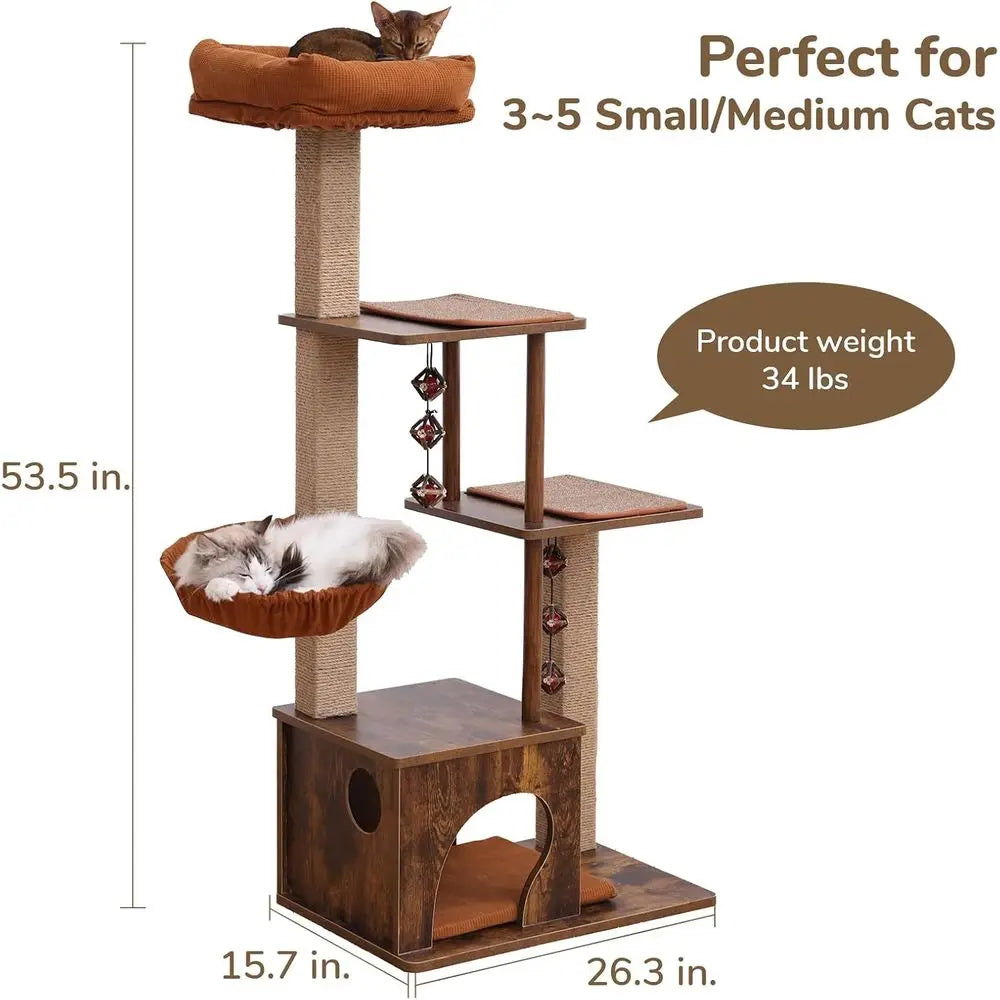 Large 4-in-1 Modern Cat Tower with Jute Scratching, Hammock, and Silvervine Balls, Brown Indoor Cat Climber Stand Playhouse, Ret