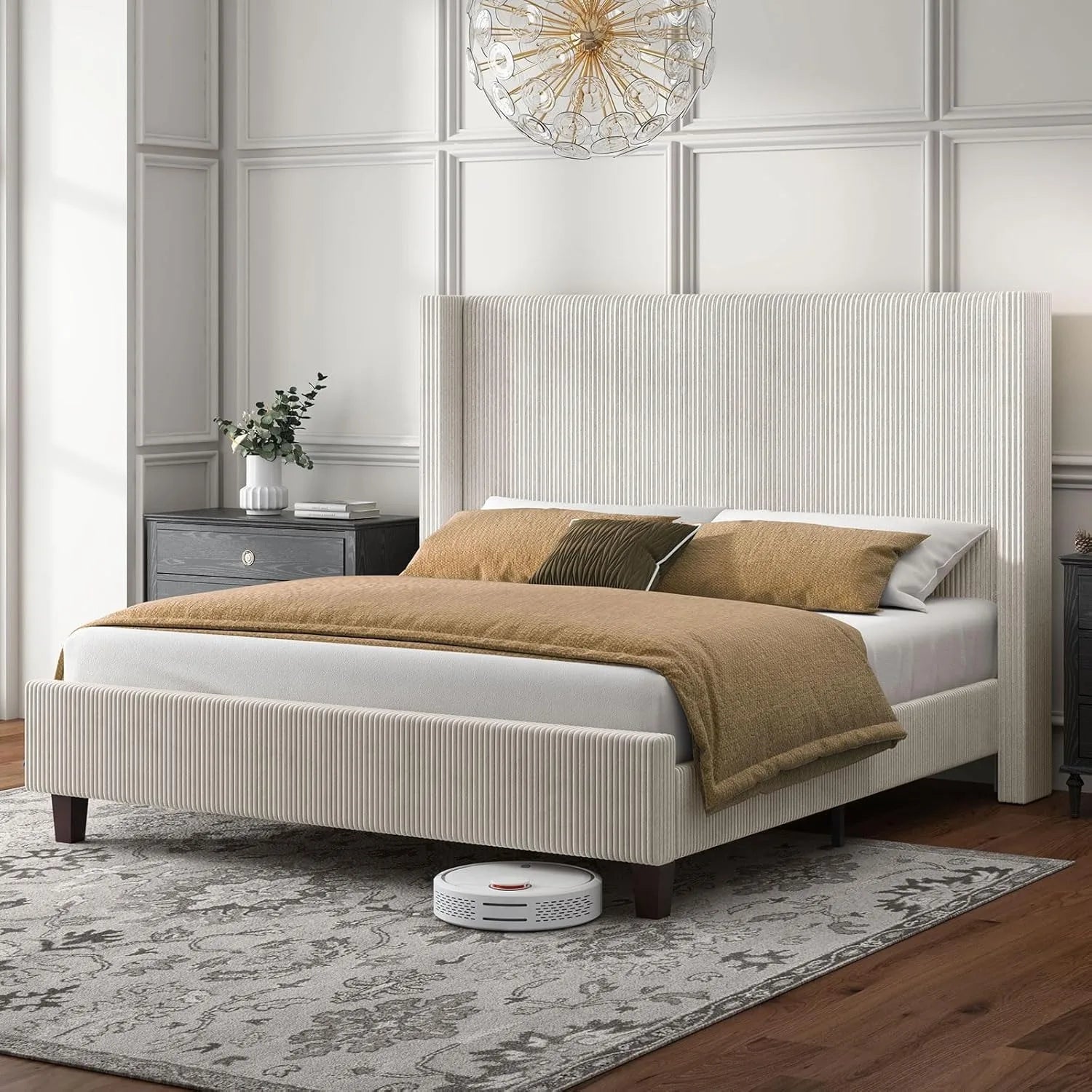 Extra large cushioned platform bed frame, canvas bed with 50.8-inch headboard, no need for springs/no noise/cream color