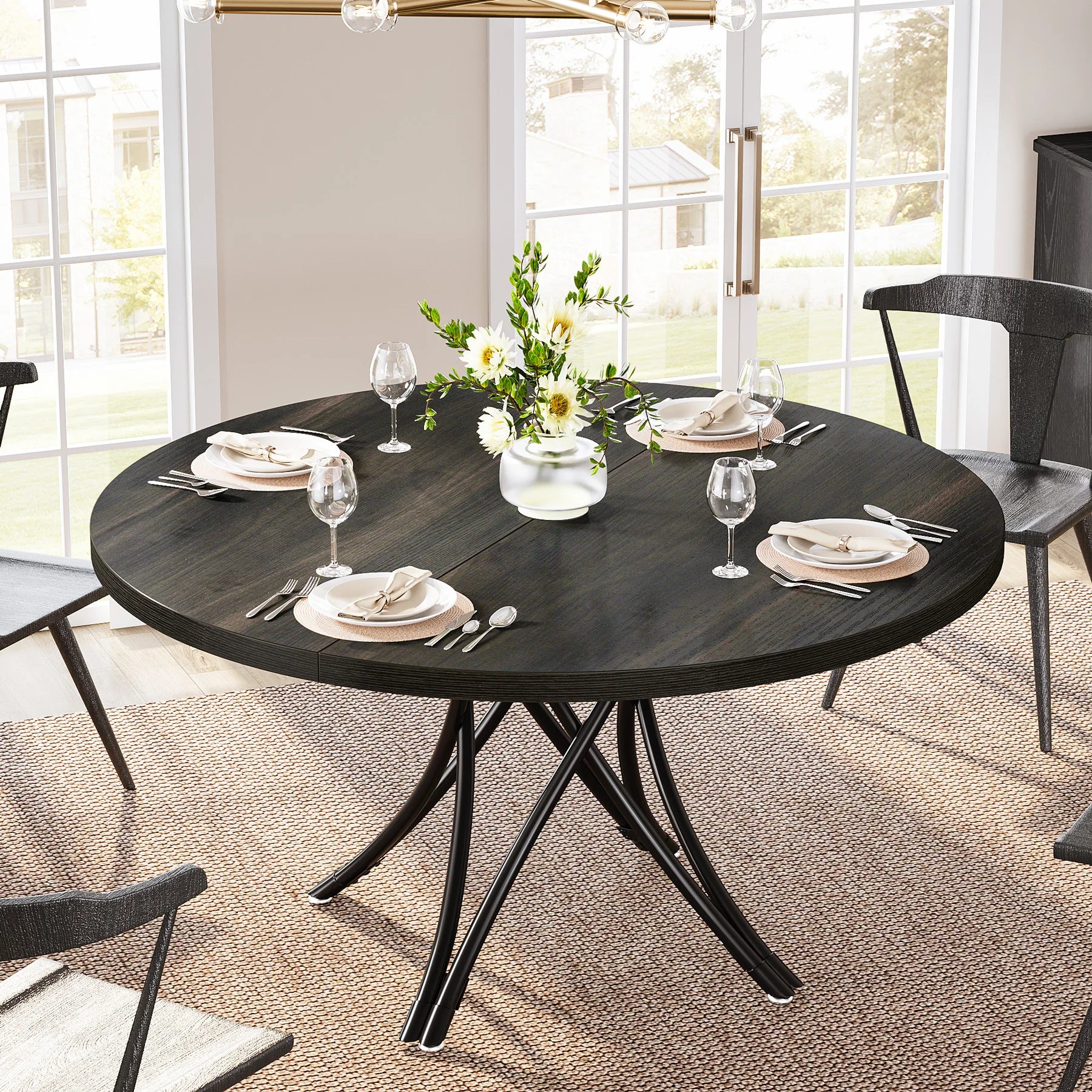 Tribesigns Round Dining Table, 47-Inch Wood Large Farmhouse and Modern Kitchen Table for 4-6 People with Gray Frame