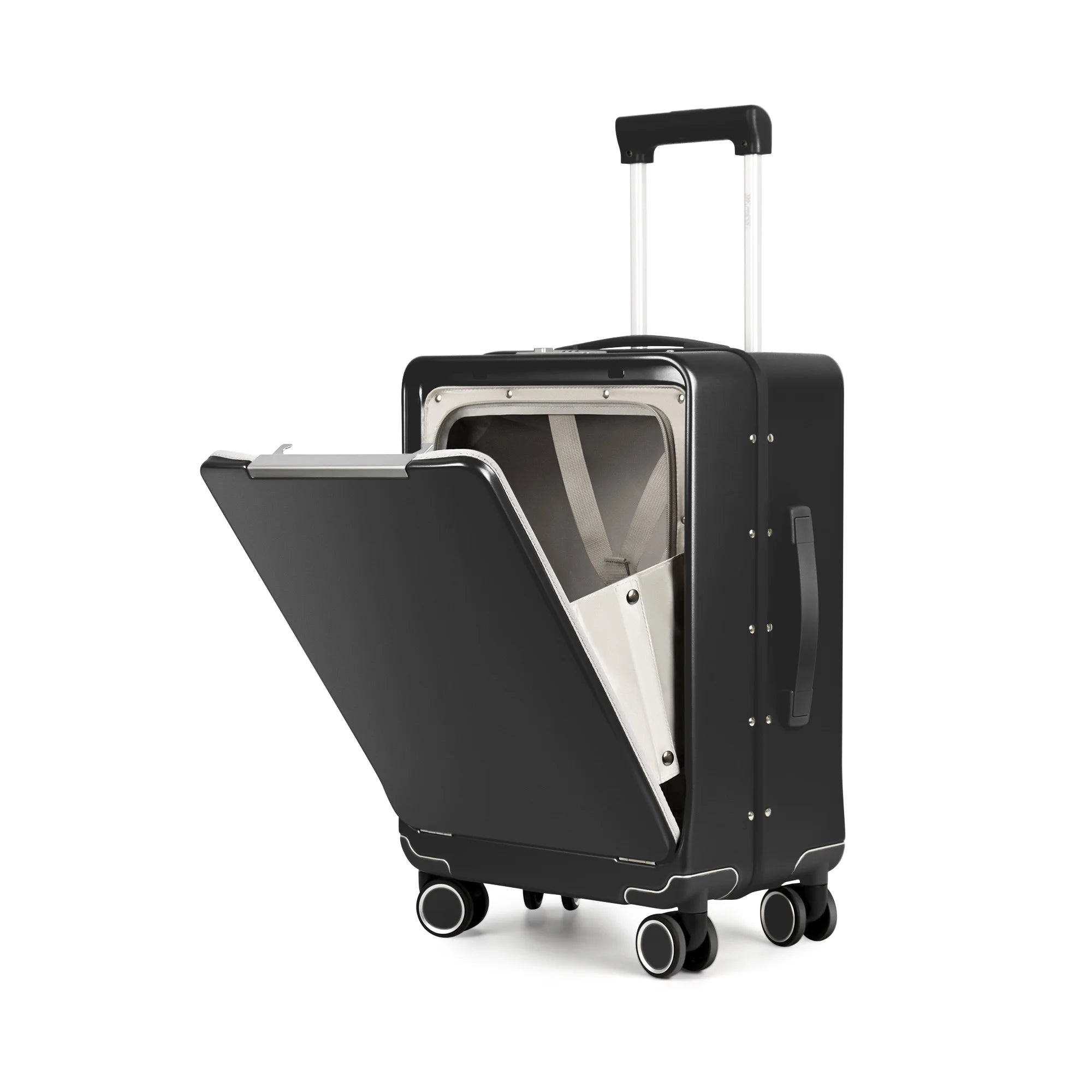 Aluminum Frame Suitcase Front Opening Rolling Travel Luggage Lightweight 20 Inch Carry-On Suitcase with Cup Holder & Side Hooks
