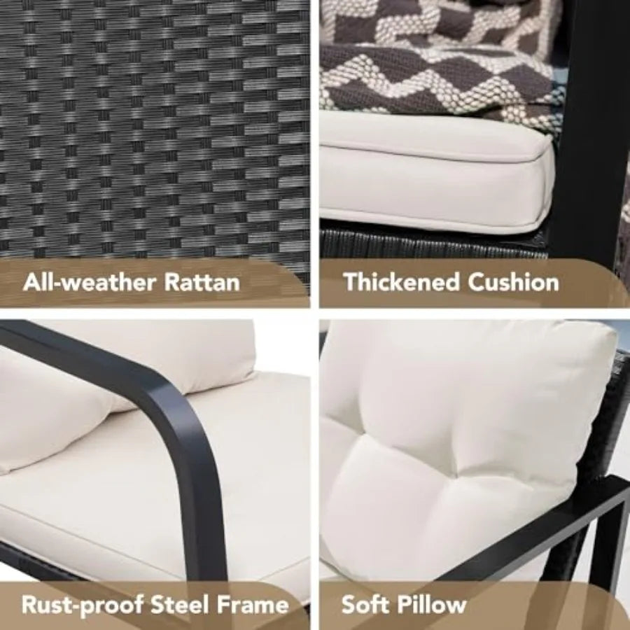 3 Piece Rocking Bistro Set Wicker Patio Outdoor Furniture Porch Chairs Conversation Sets with Glass Coffee Table in Beige