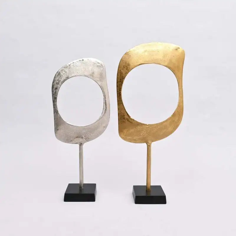 Gold & Nickel Aluminum Ring Sculptures with Black Base – Set of 2 (23 & 21 H)