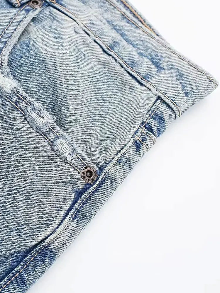 HH 2024 Vintage Denim Jeans For Women 2 Colors High Waist Zipper Fly Ripped Distressed Patchwork Causal Straight Trousers