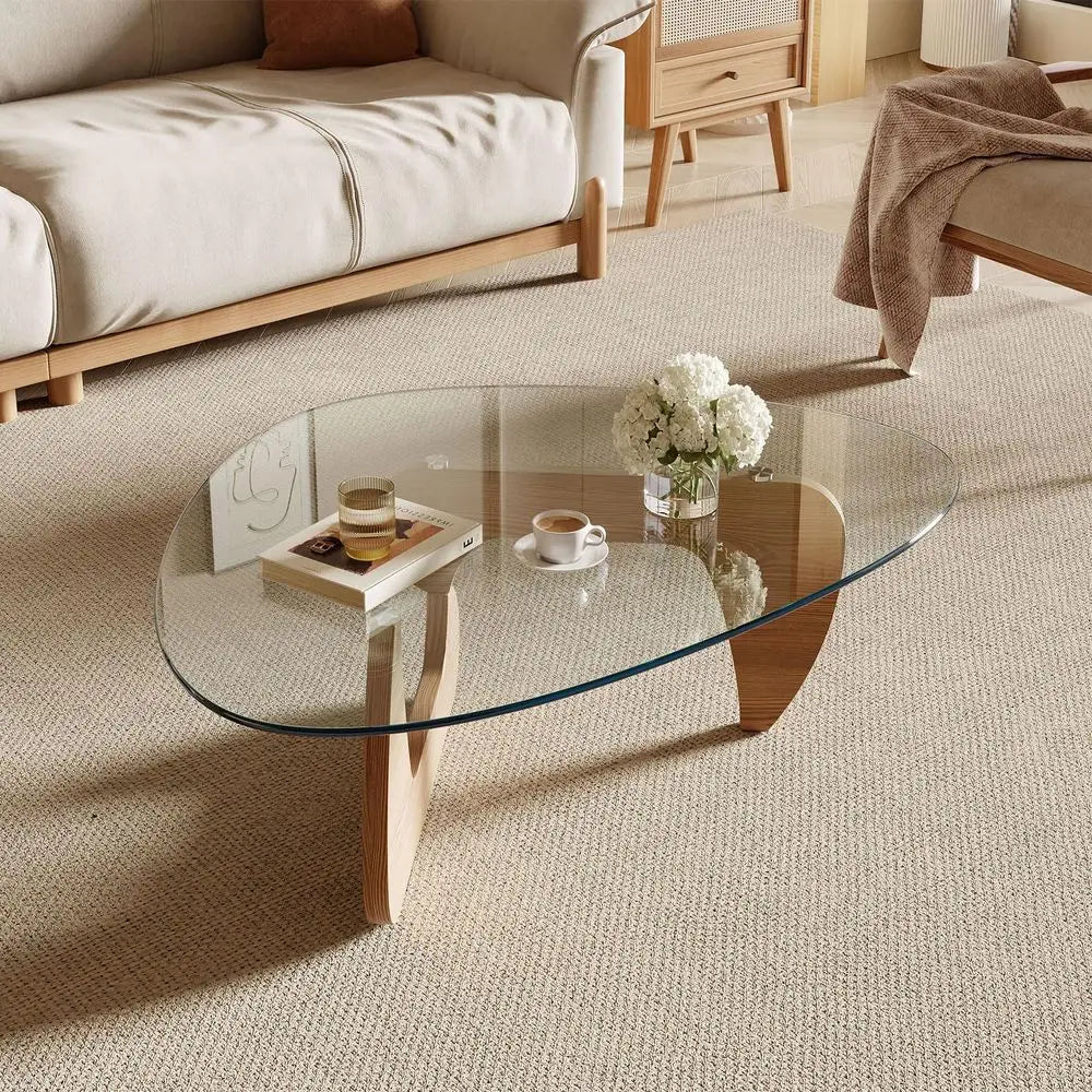 Coffee Table for Living Room and Small Spaces, 43.3 x 29.5 x 15.8 Tempered Glass Table Top and Eco-friendly MDF Base, Natural Wo