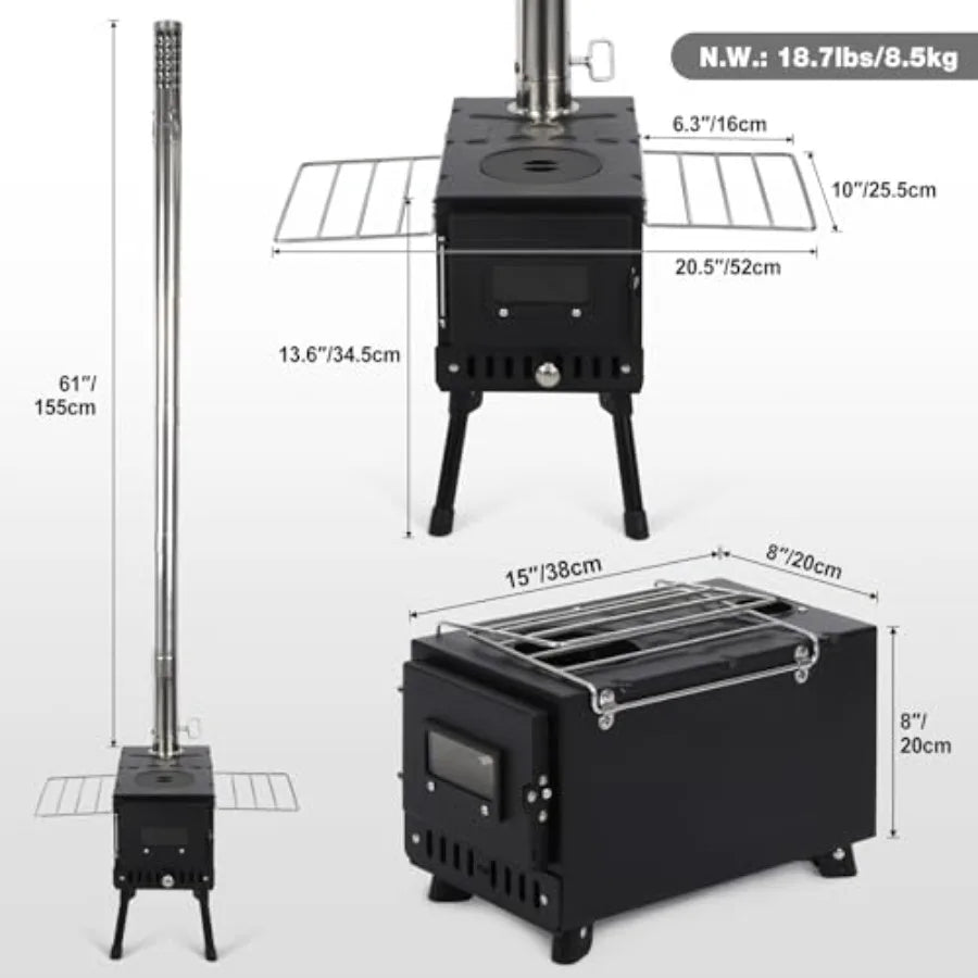 Portable Hot Tent Stove for Camping and Ice Fishing: Durable Alloy Steel Wood Burning Stove with Stainless Steel Sectional Chim