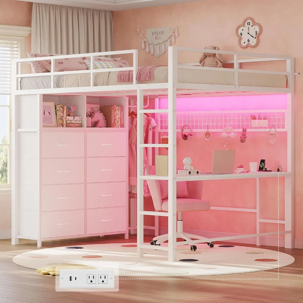 Full Size Loft Bed with Desk, 8 Drawers, LED Lighting, Power Outlet, 2 Shelves, and Clothing Rack