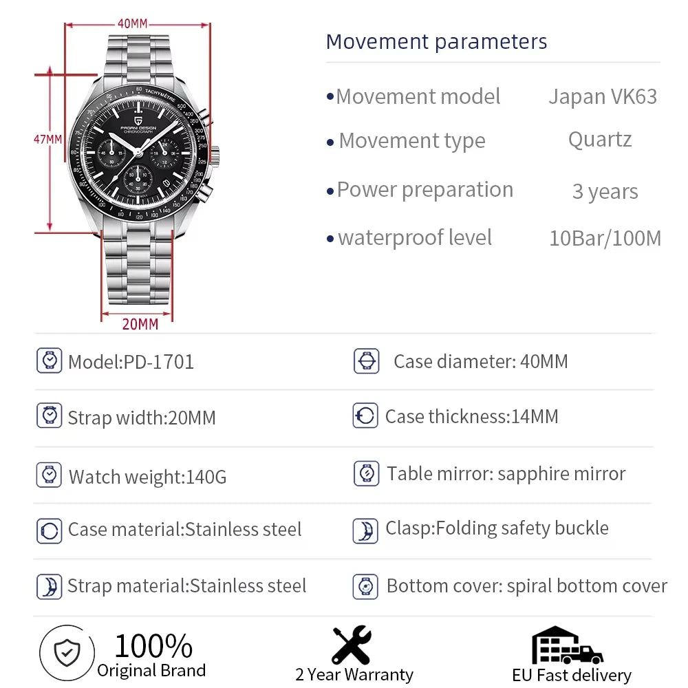 PAGANI DESIGN 2026 New Moon Men's Watches Luxury Quartz Watch For Men Auto Date Speed Chronograph AR Sapphire Mirror Wrist watch