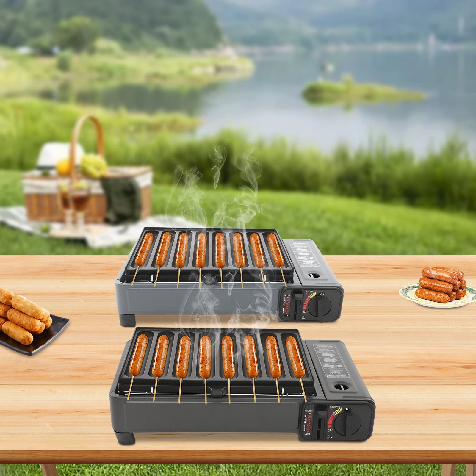 Gas Grill Stove with Sausage Grill Plate and Plastic Box Portable Camping Butane Stove Adjustable Flame for Outdoor Picnic BBQ