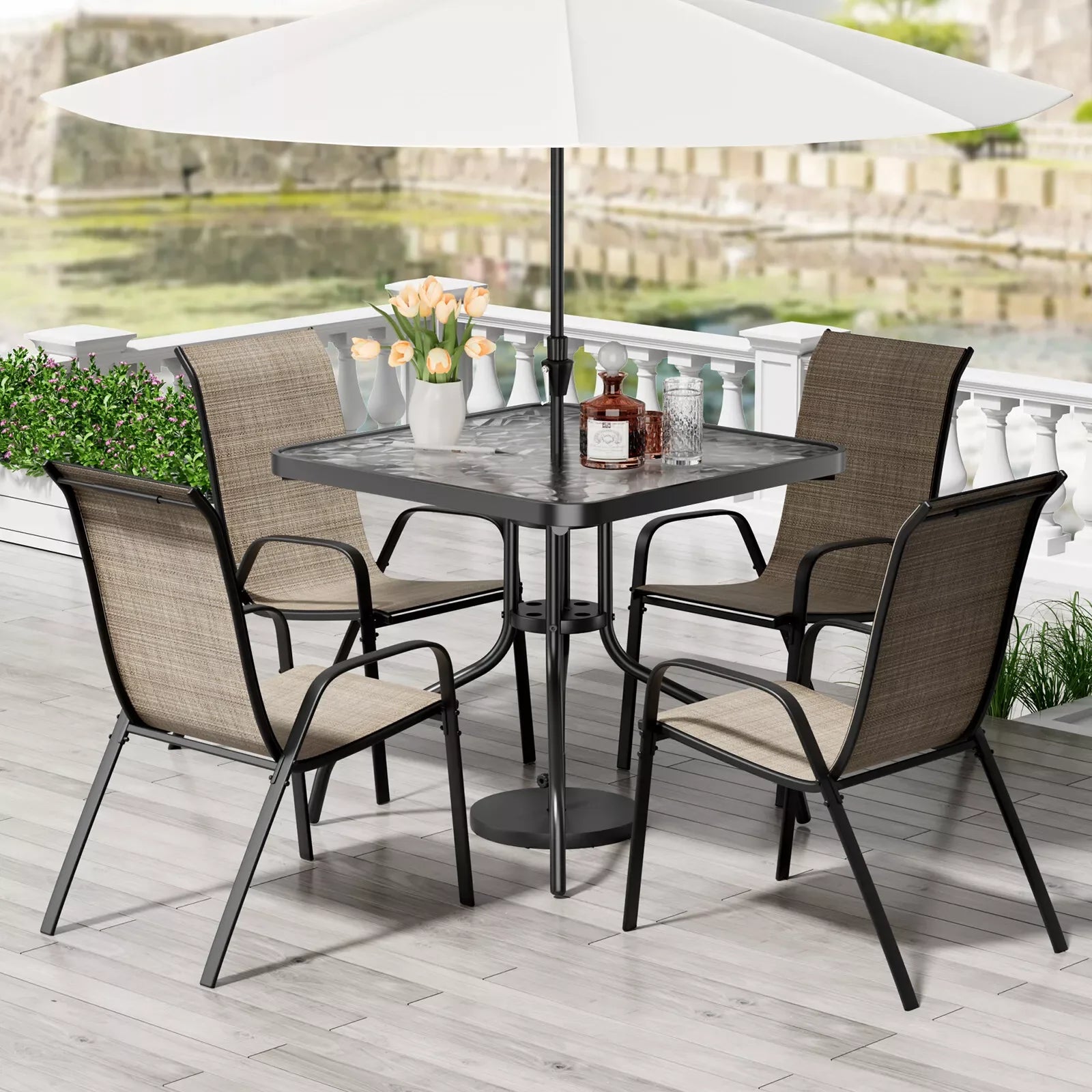 Patio Dining Set 5 Pieces, All Weather Outdoor Furniture W/ 30"x30" Table and 4 Stackable Textilene Chairs, Metal Table & Chairs