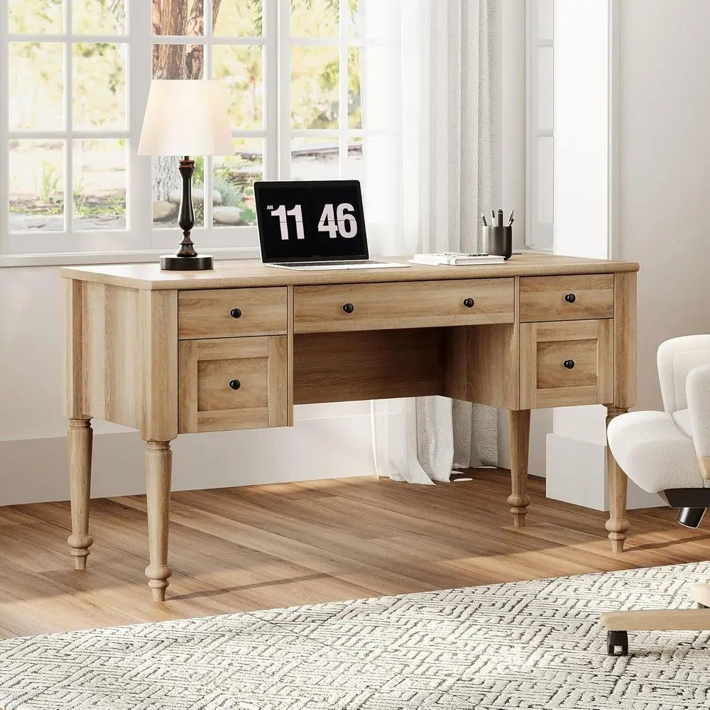Executive Desk with Charging Station, 5 Drawers, Oak Wood, 55 for Home Office and Study