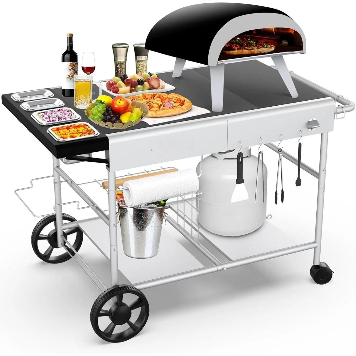 YOU_Pizza Oven Table Grill Cart with Pizza Topping Station Movable Food and Prep Workcart Outdoor Grill Table Stand for Ninja
