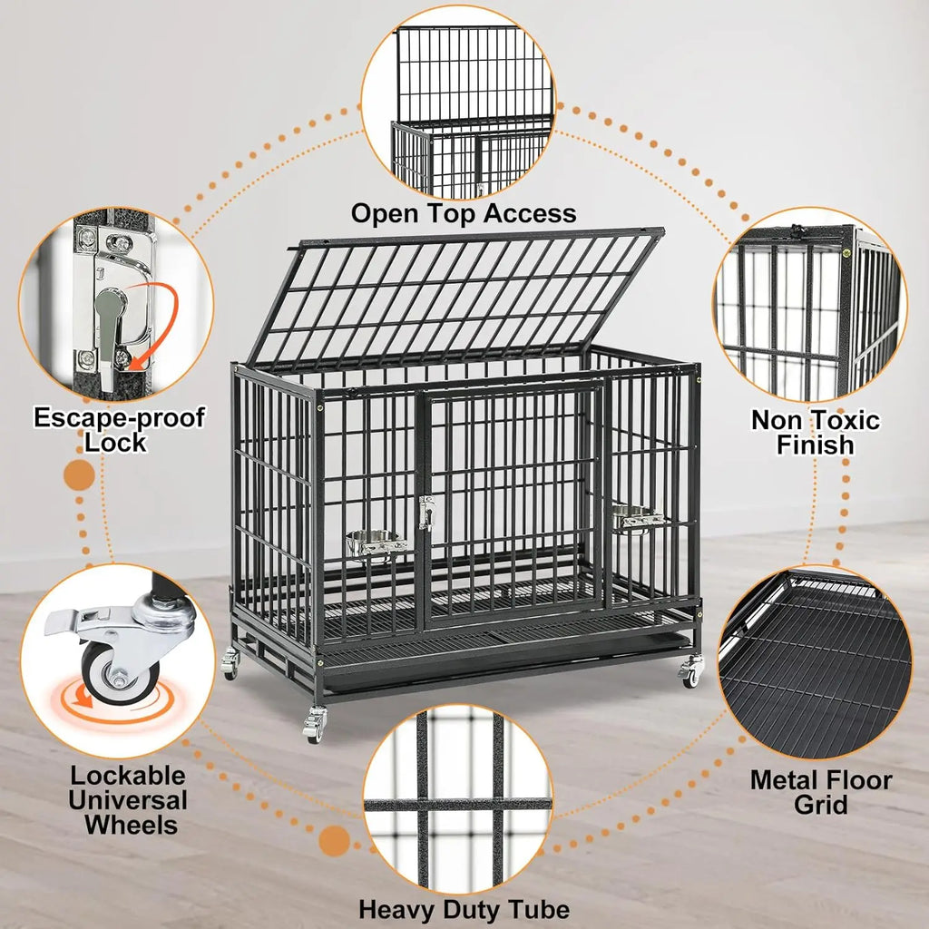 37 Inch Heavy Duty Stackable Dog Crate with Wheels, Escape-Proof Lock, Removable Tray for Medium/Small Dogs