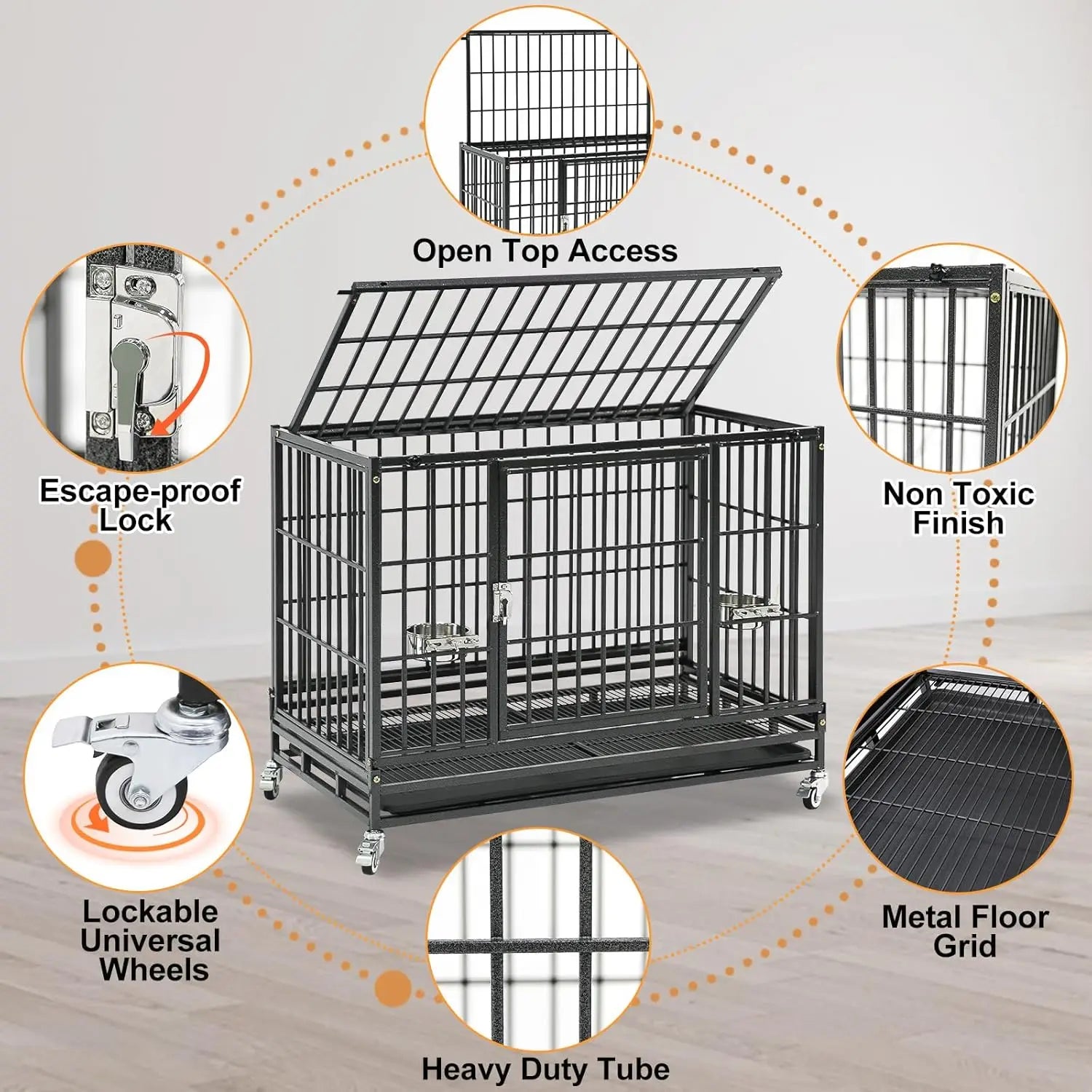 37 Inch Heavy Duty Stackable Dog Crate with Wheels, Escape-Proof Lock, Removable Tray for Medium/Small Dogs