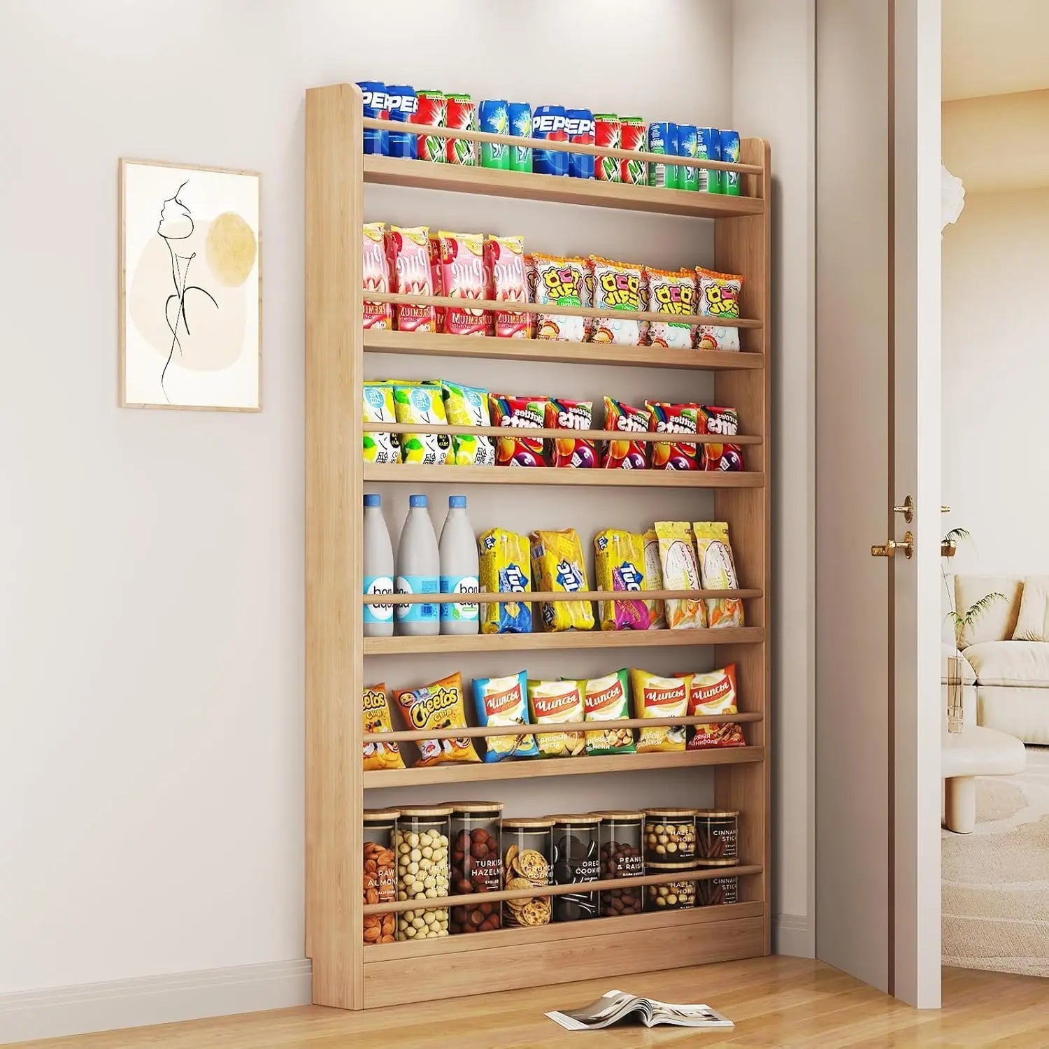 Behind The Door Bookshelf, 6-Tier Wooden Bookcases with Open Display Shelves, Behind The Door Storage Organizer for Toys and Boo