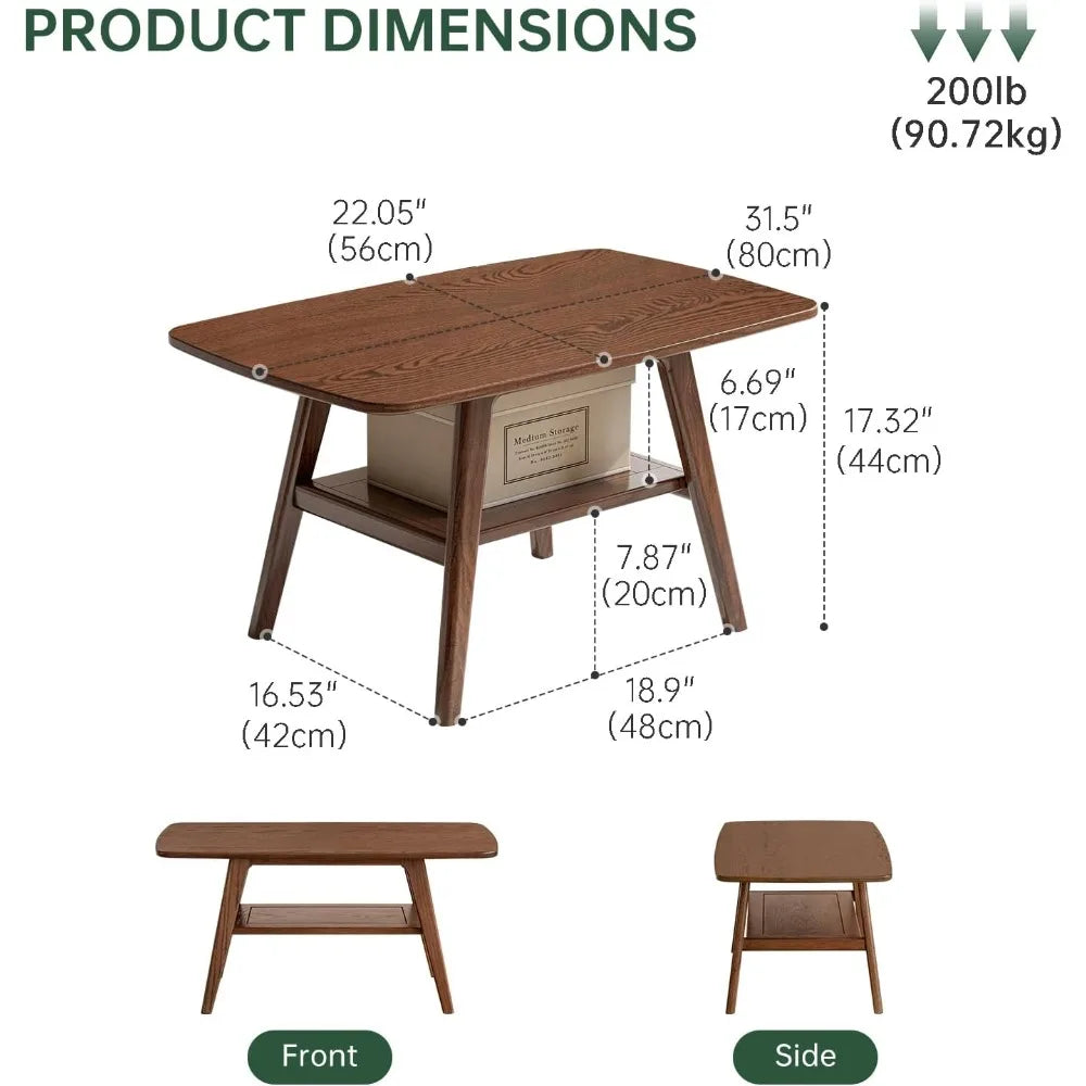 100% Solid Oak Wood Coffee Table for Living Room, 2-Tier Small Table with Storage Shelf, Mid Century Modern Coffee Tables (Walnu