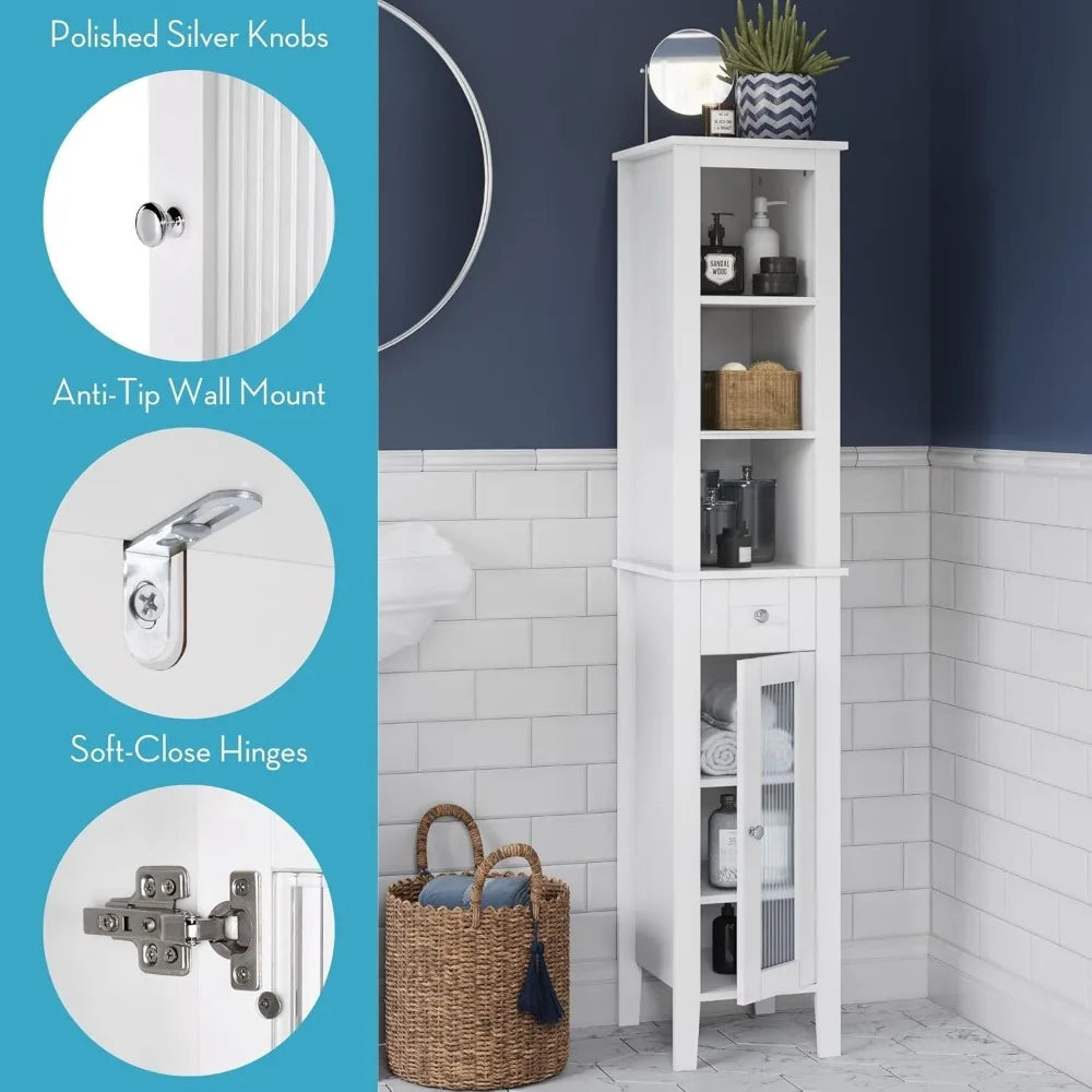 Slim Tall Bathroom Storage Cabinet with Glass Door, Drawer & Shelves - Space-Saving Organizer for Small Bathrooms