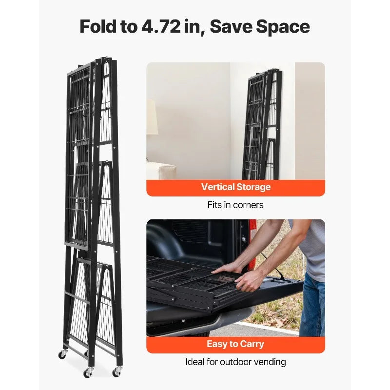 Folding Storage Shelf with Wheels 4-Tier No Assembly Organizer Shelf Black
