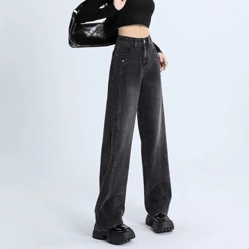 Woman New High Waist Vintage Thicken Jeans Female Casual High Street Thermal Flare Pants Girls Fashion Black Grey Denim Trousers