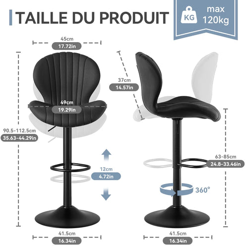 2pcs Bar Chair, 360° Rotating, Adjustable Height, Artificial Leather Upholstered With Backrest, Suitable For Dining Room