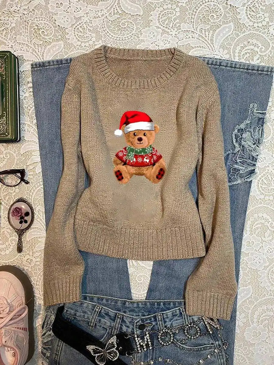Navy Blue Collegiate Bear Print Pullover Sweater for Women, Autumn Winter Casual Style