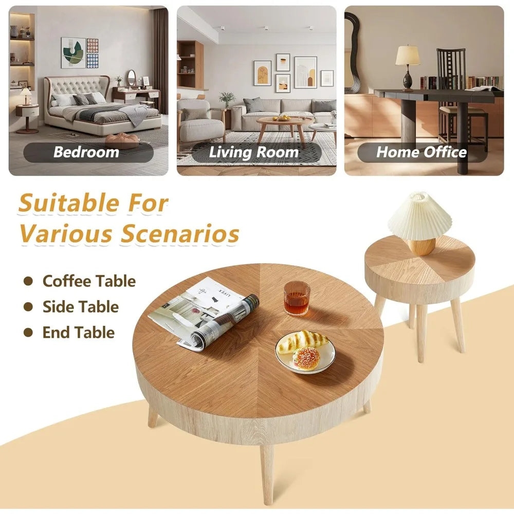 Nesting Round Coffee Table Set of 2, Farmhouse Modern Coffee Table, Natural Wood Nesting Tables Boho Side Table End Table