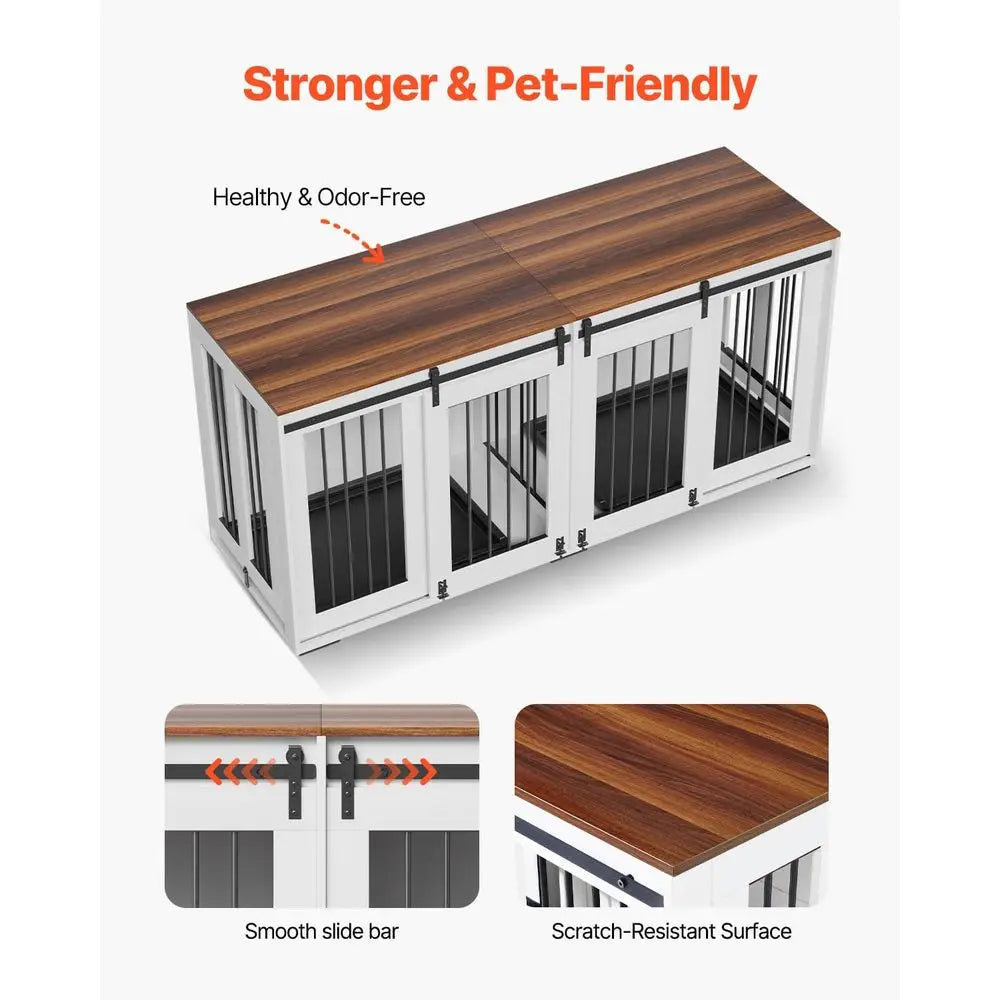 Double Dog Crate Furniture with Sliding Doors, Large TV Stand for Small to Large Dogs, White