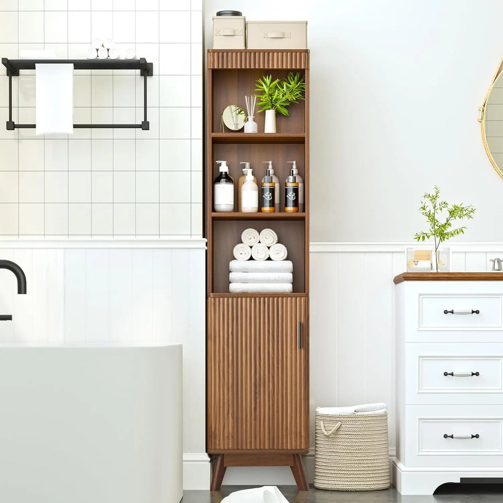 68' Tall Narrow Bathroom Cabinet, Walnut Fluted Storage Unit with Door & Shelves, Slim Space-Saving Design for Bath, Kitchen, Li