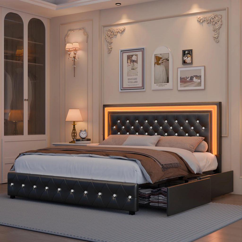 GEGOFORU Queen LED Platform Bed Frame with 4 Storage, PU Leather, No Box Spring, Easy Assembly, 900lbs Capacity