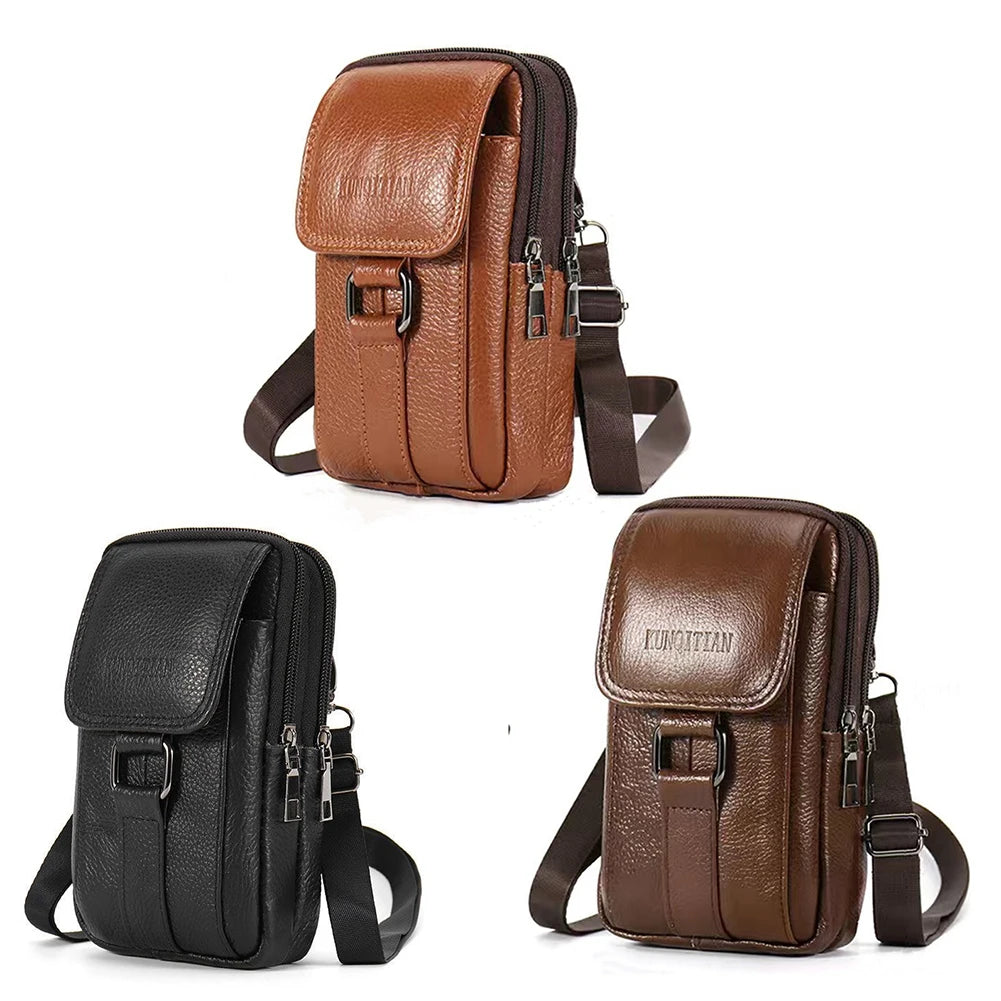 Portable Belt Pouch Purse Cowhide Leather Fanny Pack Waist Bag Fashion Simple Multi-pockets Casual for Outdoor Sport