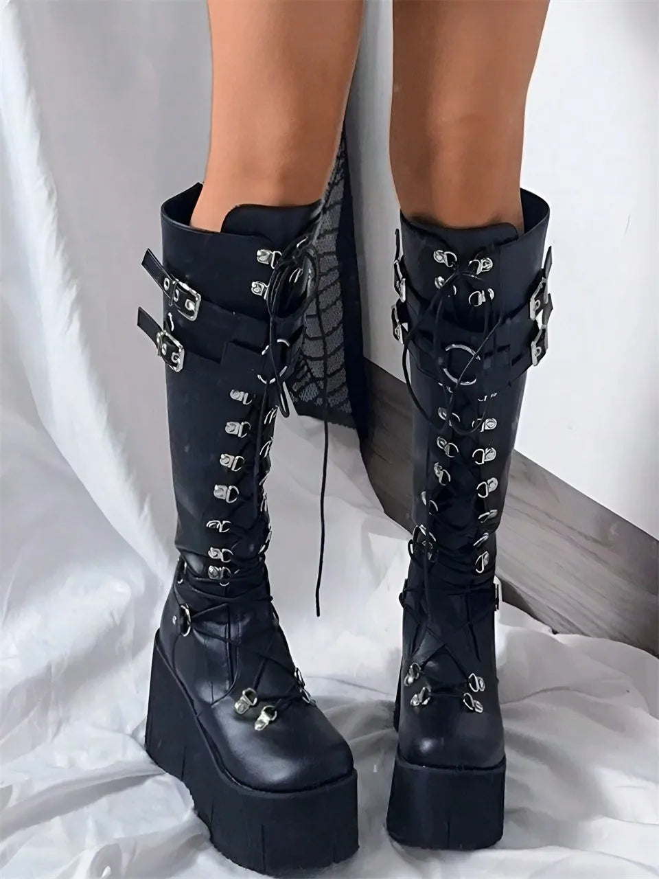 Women Gothic Punk Knee High Boots Wedges High Heel Platform Halloween Motorcycle Shoes Luxury Long Booties